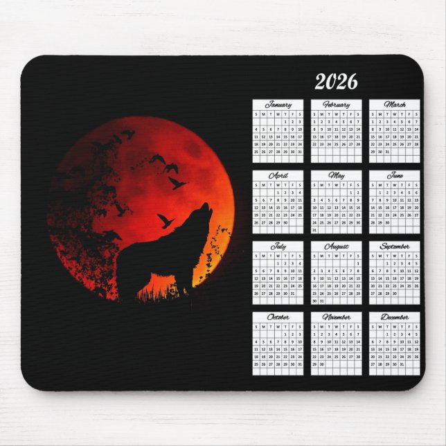 Mousepad 2026 Wolf Silhouette e Calendário da Lua Sanguínea (Frente)