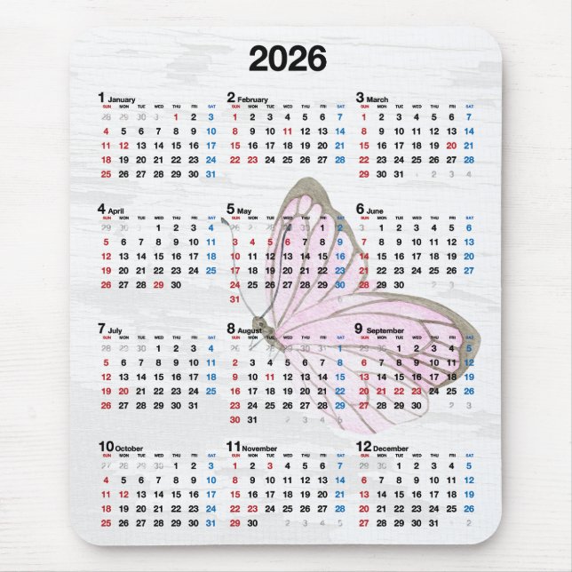 Mousepad 2026 Year Calendar and Pink Butterfly  (Frente)