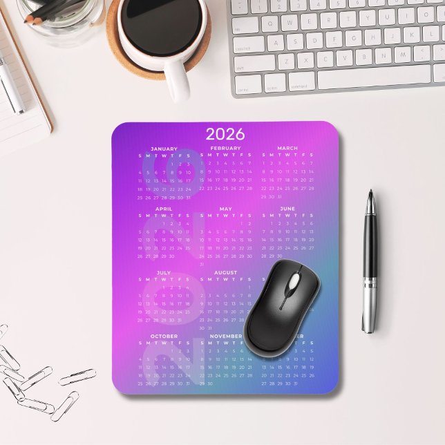 Mousepad 2026 Year Calendar Gradient Background Vertical  (2026 Full Year Calendar Mousepad Pink Blue Gradient)