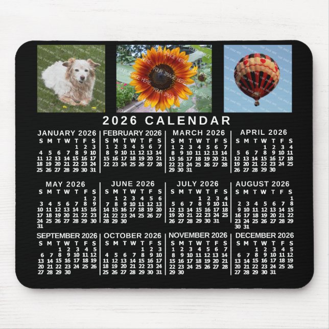 Mousepad 2026 Year Monthly Calendar Black Custom 3 Photos (Frente)