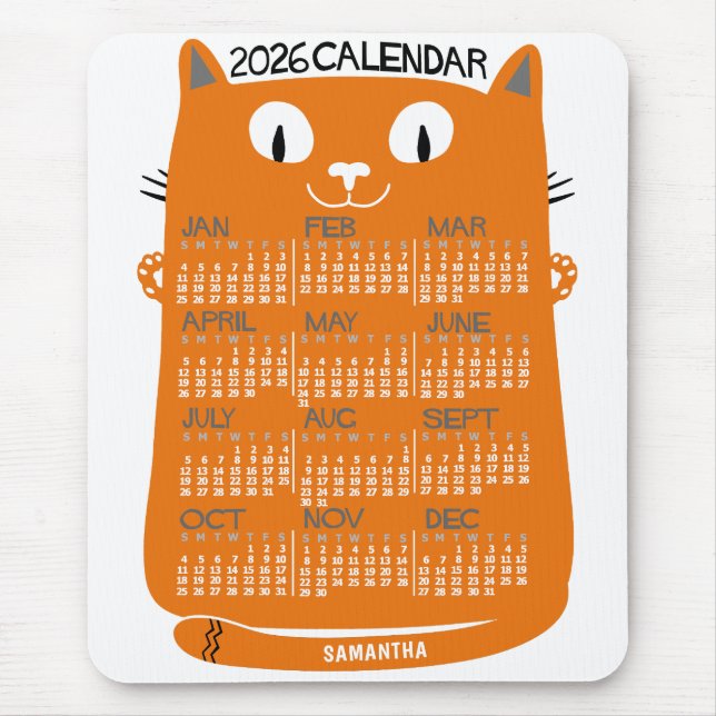 Mousepad 2026 Year Monthly Calendar Mid-Century Orange Cat (Frente)