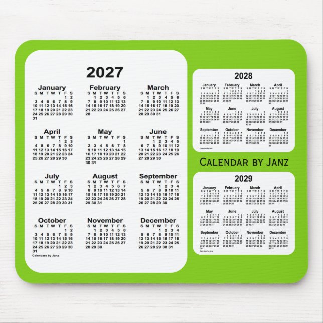 Mousepad 2027-2029 Calendário Amarelo Verde de 3 Anos de Ja (Frente)