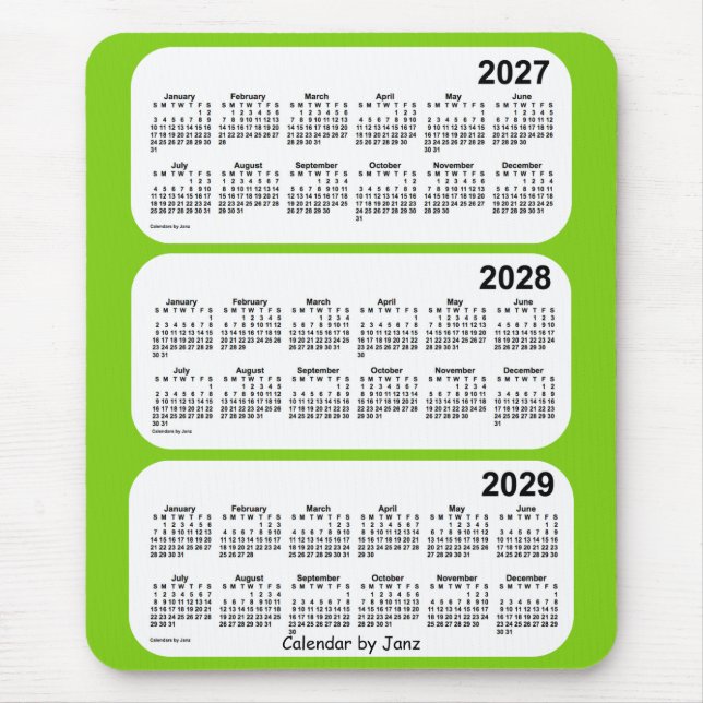 Mousepad 2027-2029 Calendário Amarelo Verde de 3 Anos de Ja (Frente)