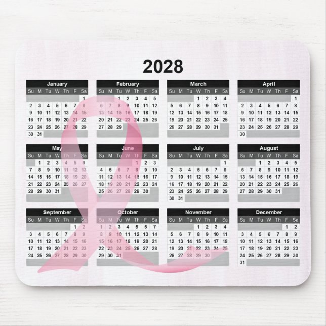 Mousepad 2028 Year Calendar Pink Ribbon (Frente)
