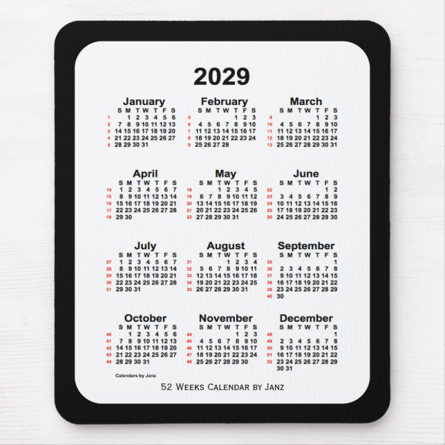 Mousepad 2029 Calendário de 52 Semanas com Dois Tons Pretos (Frente)
