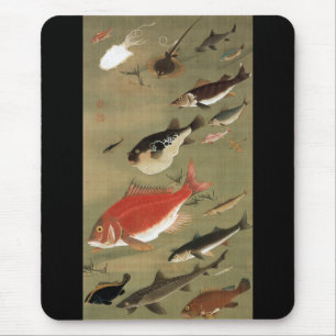 Mousepad 28. 群魚図, vários peixes do 若冲, Jakuchū,
