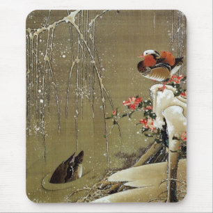 Mousepad 3. 雪中鴛鴦図, pato de mandarino na neve, Jak