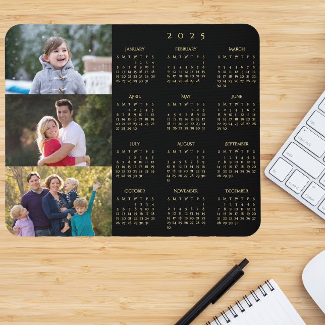 Mousepad 3 Calendário da Família Personalizada de Colagem d (3 Photo Collage Personalized Family 2025 Calendar Mouse Pad)
