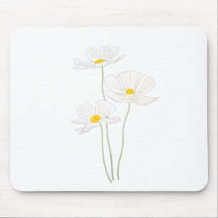 Mousepad 3 cosmos brancos flores tinta e aquarela