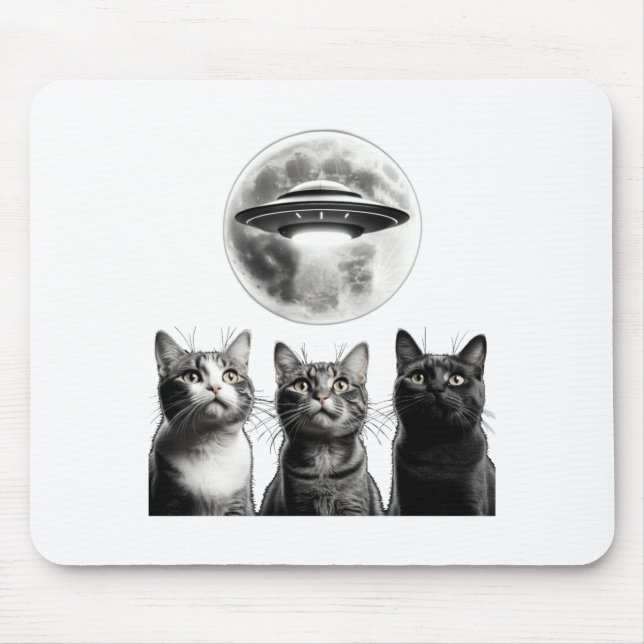 Mousepad 3 Gatos Assustados Lua OVNI Invasão Alien Terra En (Frente)