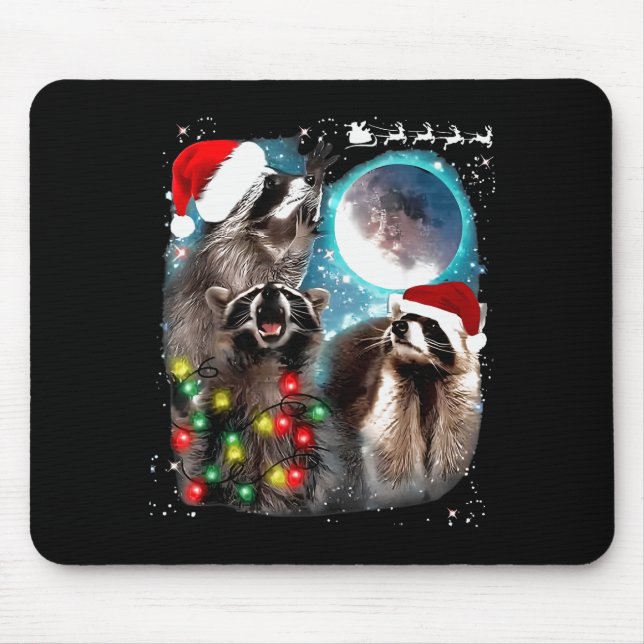 Mousepad 3 Racoon Moon Howling Raccoon Christmas Santa Raco (Frente)