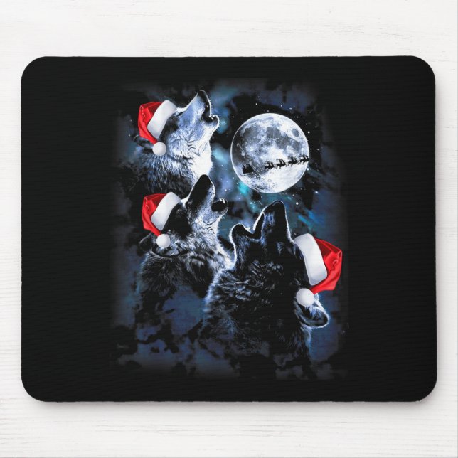 Mousepad 3 Wolves Howling Under Moon Christmas Santa Wolf L (Frente)
