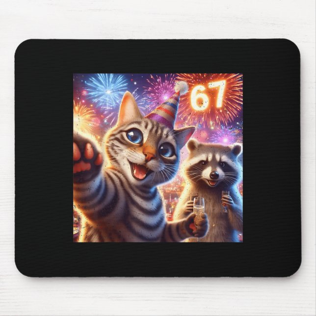 Mousepad 67 Meme Cat Raccoon New Year Selfie Funny Birthday (Frente)