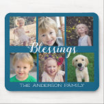 Mousepad 6 Blessings de Colagem de Fotografias Azul<br><div class="desc">Este mouse pad oferece um design com 6 quadros de fotos para fotos da sua família. A caligrafia de estilo manuscrito da moda diz: "Bênçãos". Personalize este mouse azul com seu nome de família.</div>