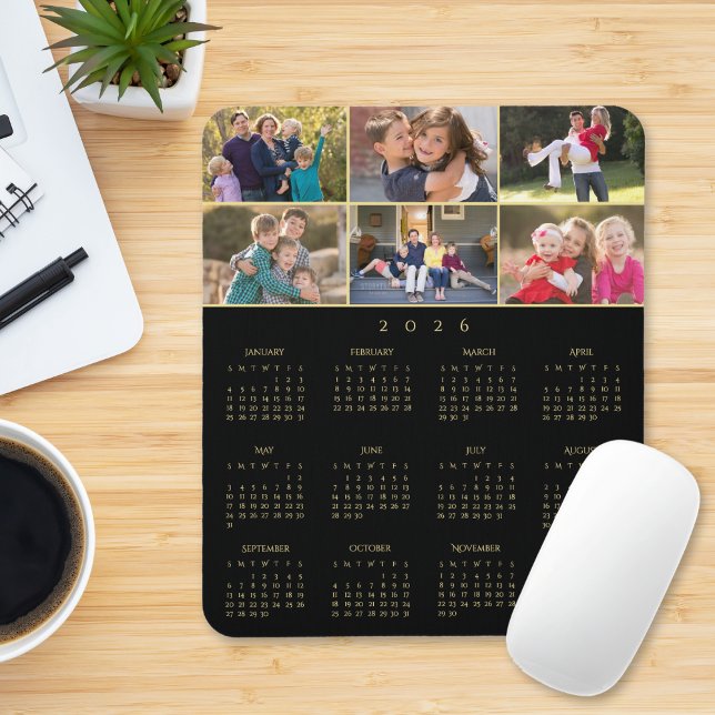 Mousepad 6 Colagem de Fotos Calendário Personalizado Famíli (6 Photo Collage Personalized Family 2026 Calendar Mouse Pad)