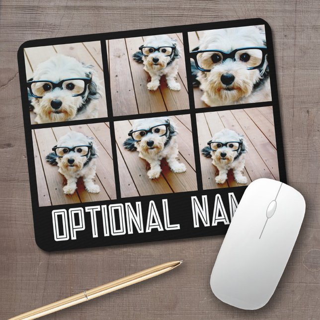 Mousepad 6 Colagem de fotos - preto com nome em negrito em  (Personalized mouse pad with your photos and text)