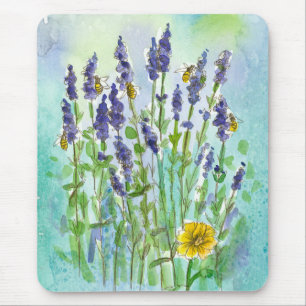 Mousepad A aguarela da lavanda das abelhas do mel floresce