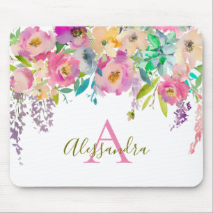 Mousepad A aguarela na moda feminino floresce o monograma