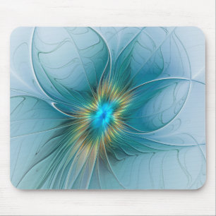 Mousepad A pequena Bela Flor Fractal Dourada Azul Moderna