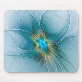 Mousepad A pequena Bela Flor Fractal Dourada Azul Moderna