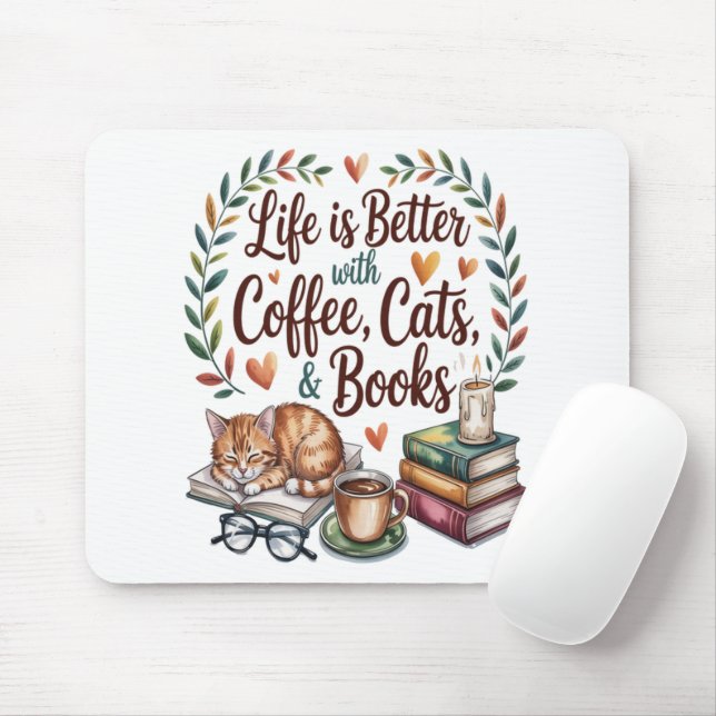 Mousepad A Vida é Melhor com Café Gatos Livros (Com mouse)