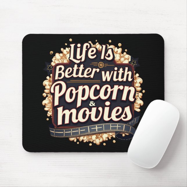 Mousepad A Vida é Melhor com Design Retro de Pipoca e Filme (Com mouse)