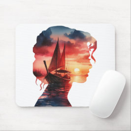 Mousepad a woman's mask enveloping a sailboat at sunset