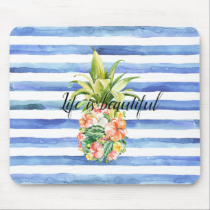 Mousepad Abacaxi Tropical de Stripes Brancas Azuis