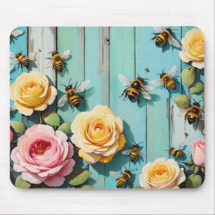 Mousepad Abehas Atarefadas com Rosas Rosa e Amarelo em Cerc