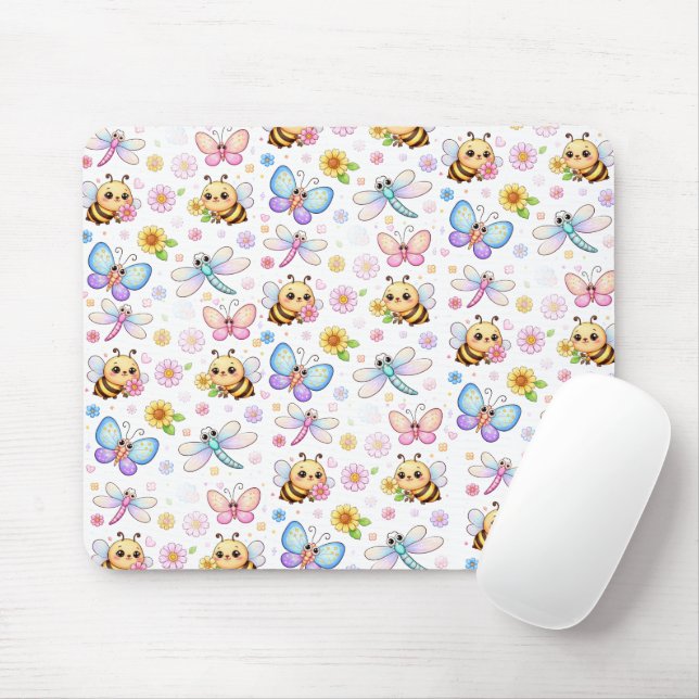 Mousepad Abehas, Libélulas e Borboletas Arte Kawaii (Com mouse)