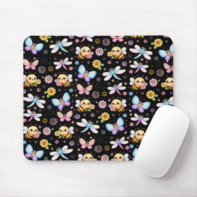 Mousepad Abehas, Libélulas e Borboletas Arte Kawaii (Com mouse)