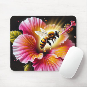 Mousepad Abelha de mel polinizando um hibisco brilhante