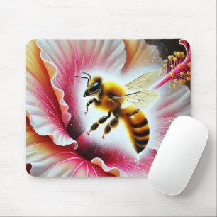 Mousepad Abelha Polinizando Flor Hibisco Bloqueando