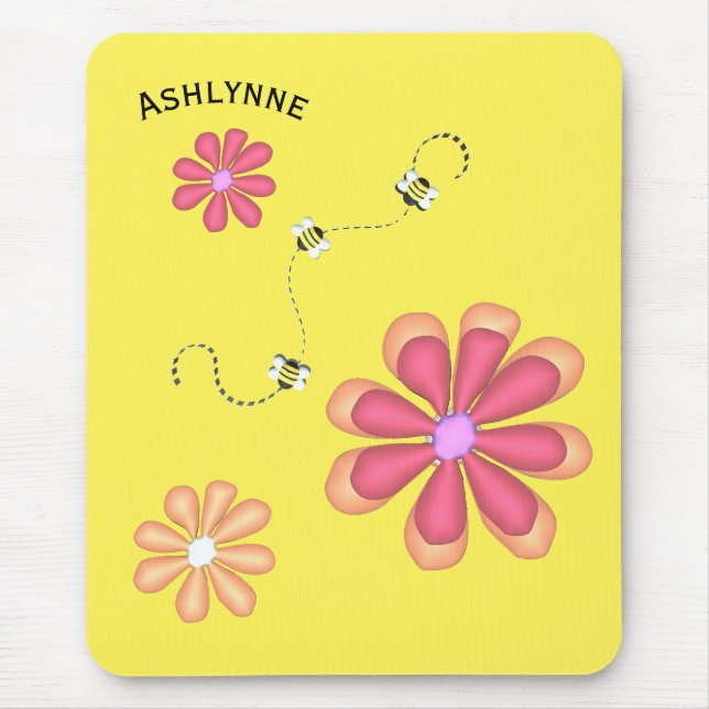 Mousepad Abelhas e Flores de Nome Personalizado em Amarelo (Frente)