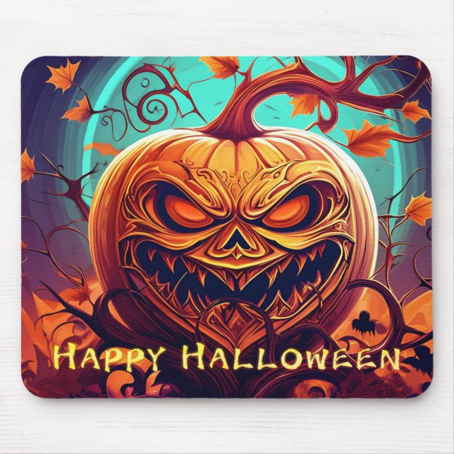 Mousepad Abóbora com Rosto Assustador Entre Velas, Hallowee (Frente)