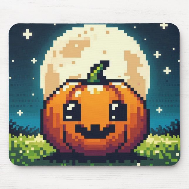 Mousepad Abóbora de Halloween de 8 bits sob a lua (Frente)