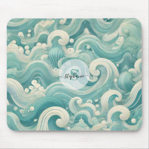 Mousepad Abstrato Aqua Blue & White Wave - Arte Fluida Mode