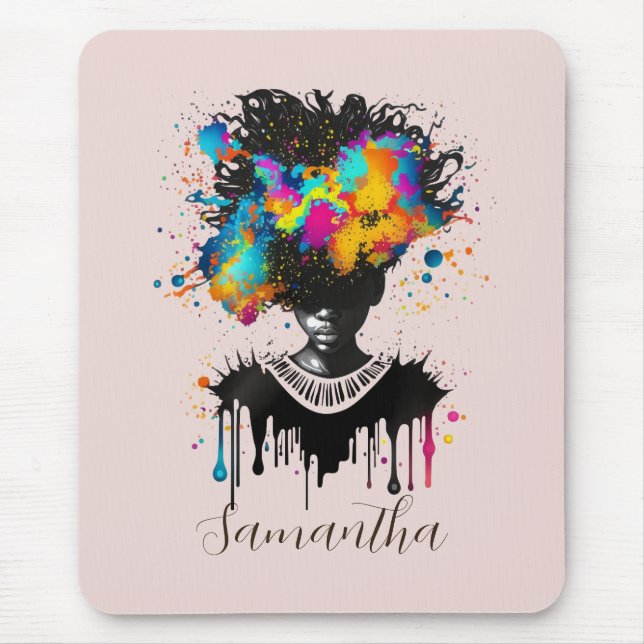 Mousepad Abstrato Artista Afro Mulher | Preto e branco (Frente)