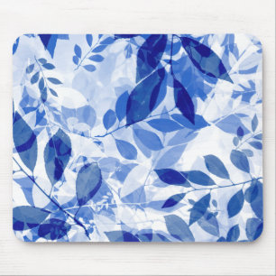 Mousepad Abstrato Azul e Folhas Brancas