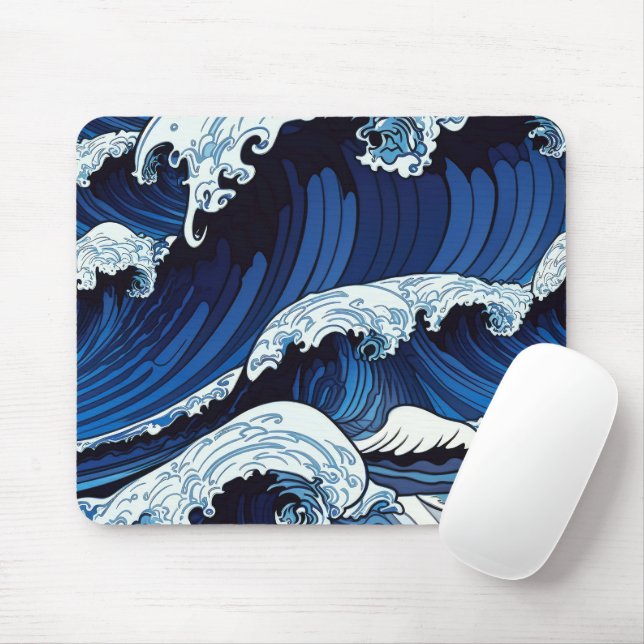 Mousepad Abstrato Blue Ocean Ondas Japonês Estilo Trabalho  (Com mouse)
