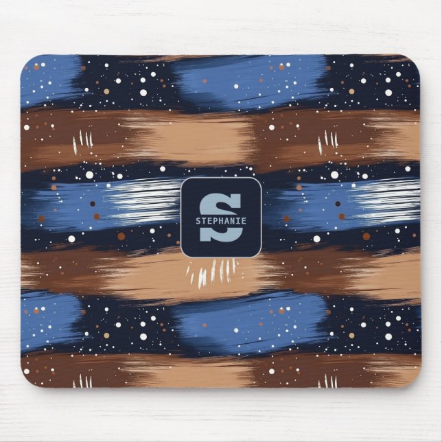 Mousepad Abstrato Brushstrokes em Azul, Branco e Marrom (3) (Frente)