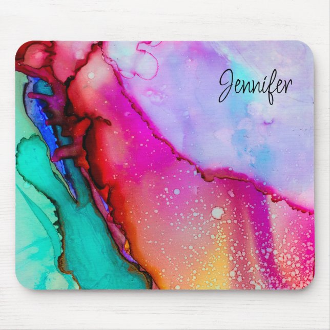 Mousepad Abstrato de Aquarela rosa e turquesa (Frente)