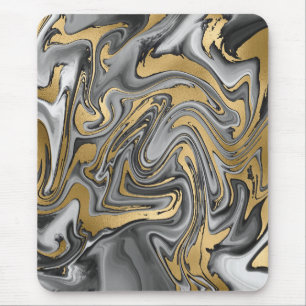 Mousepad Abstrato De Óleo Marmoreado Preto, Branco E Doura