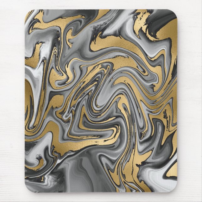 Mousepad Abstrato De Óleo Marmoreado Preto, Branco E Dourad (Frente)