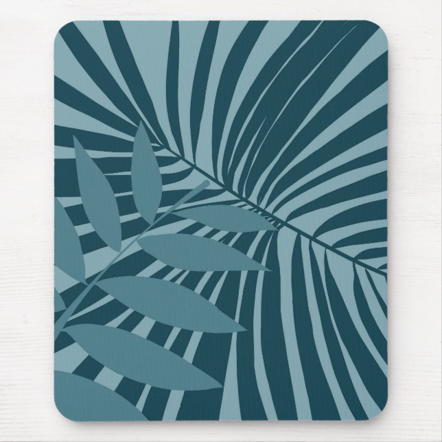 Mousepad abstrato de palma e folha tropical em cinza azul (Frente)