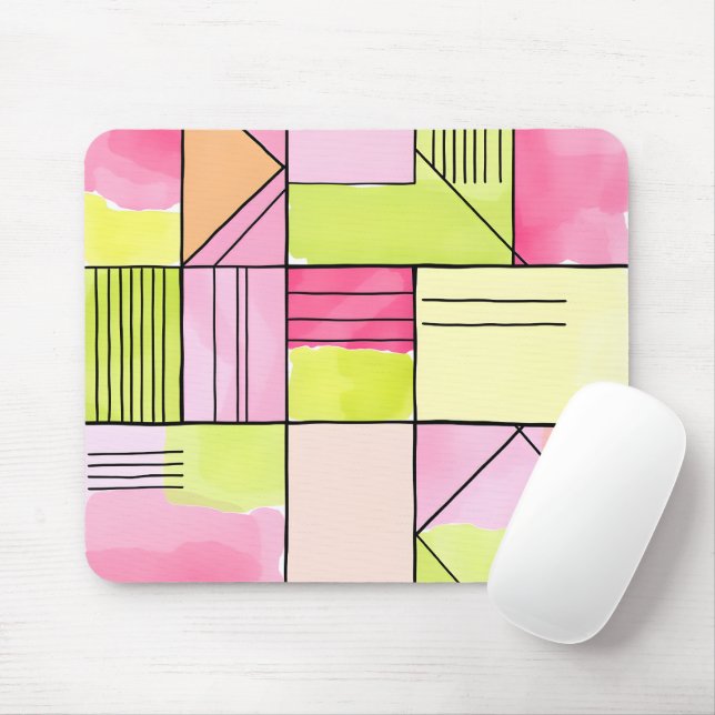 Mousepad Abstrato de retalhos rosa e verde-limão (Com mouse)