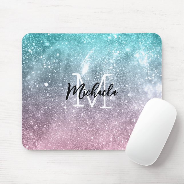 Mousepad Abstrato Monograma de galáxia verde-rosa-rosa (Com mouse)