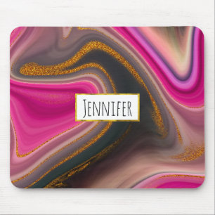 Mousepad Abstrato rosa e preto com espirais Dourados