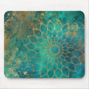 Mousepad Abstrato Teal Watercolor Dourado Grunge Mandala