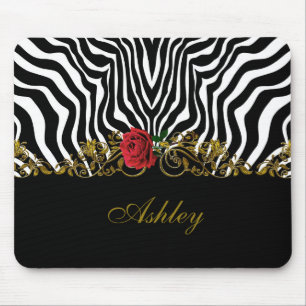 Mousepad Abstrato Zebra Flor Vermelho Negro Branco Dourado